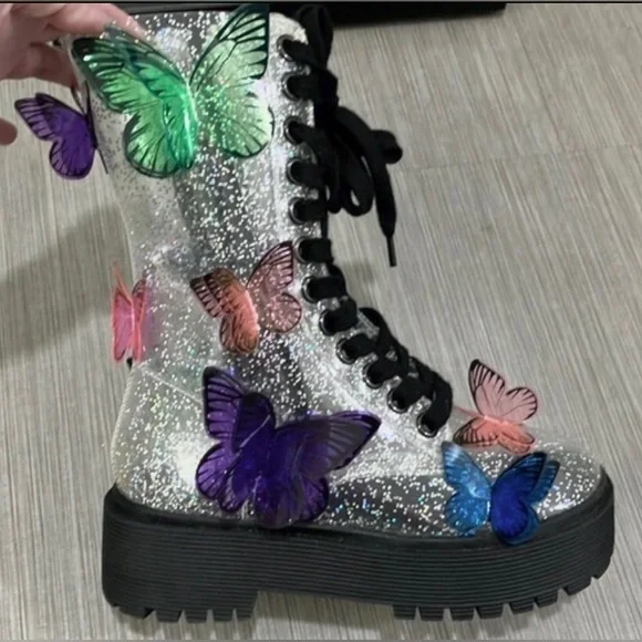 Dolls Kill Club EXX 3D butterfly Terrarium combat boots silver glitter size 5 - Picture 2 of 12